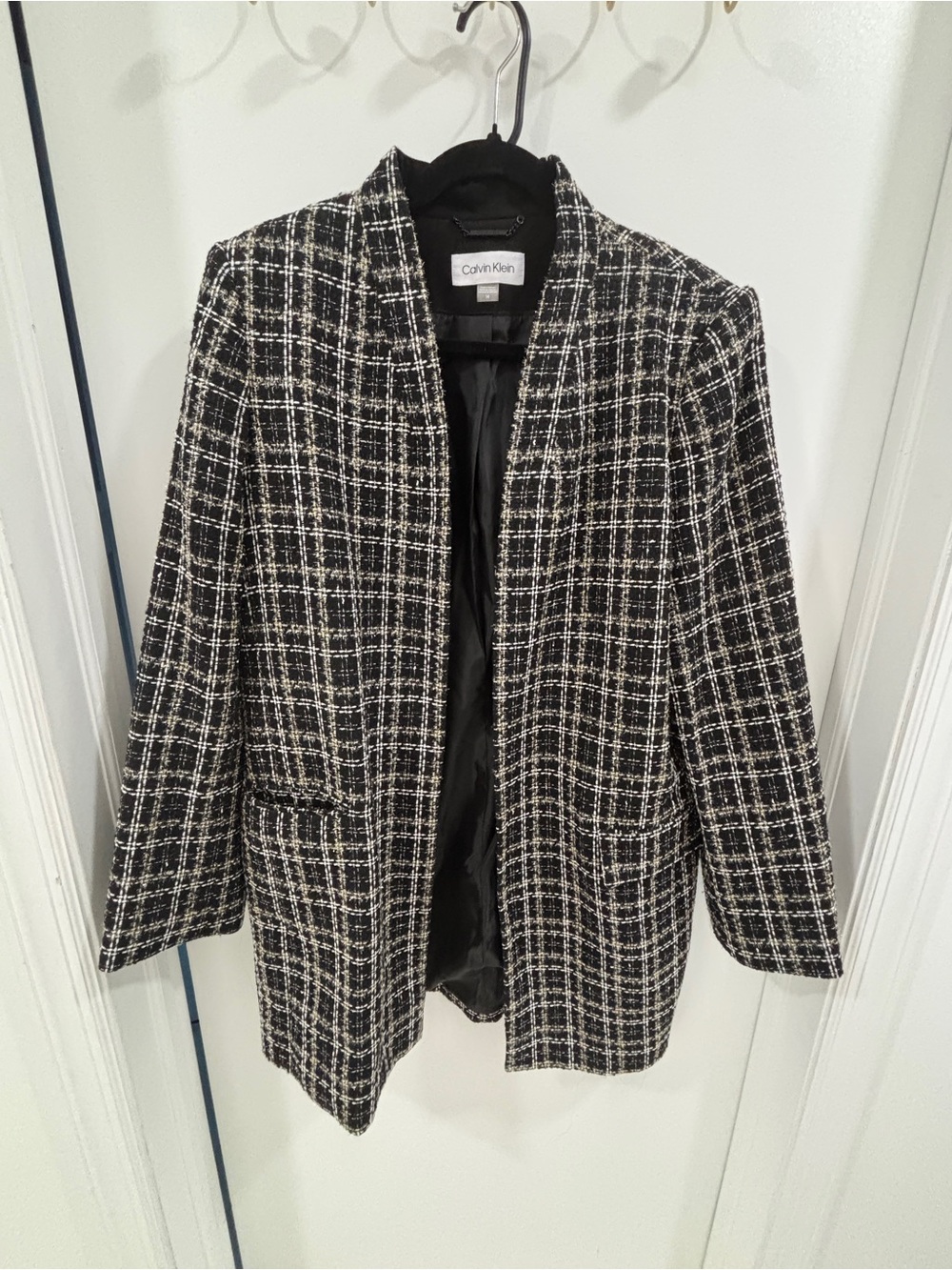 Calvin Klein Black & White Tweed Open-Front Blazer